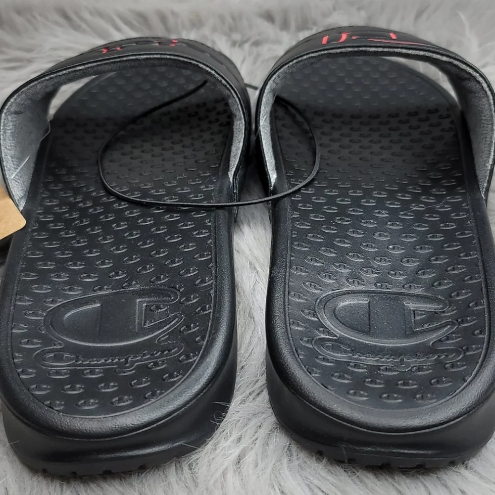 Champion Super Slide Split Script Logo Black Red Sandals